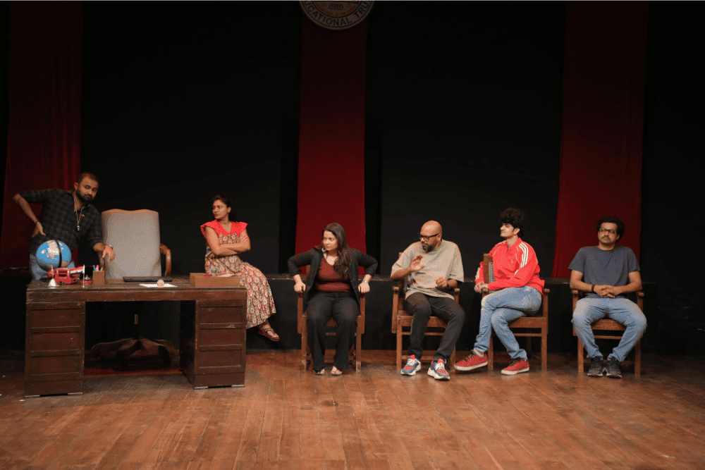 Acting students at Rangshila Theatre Group rehearsing a stage production as part of their acting classes in Mumbai
