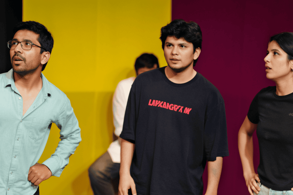 Actors rehearsing a scene while learning script analysis and scene breakdown at Rangshila Theatre Group.